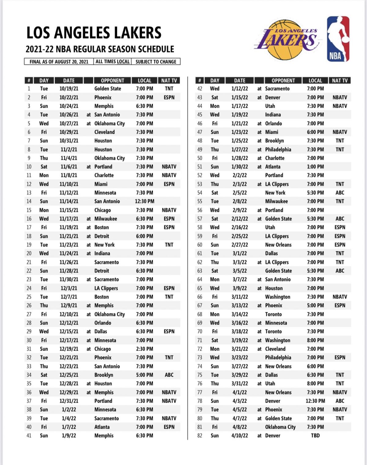 Printable Lakers Schedule